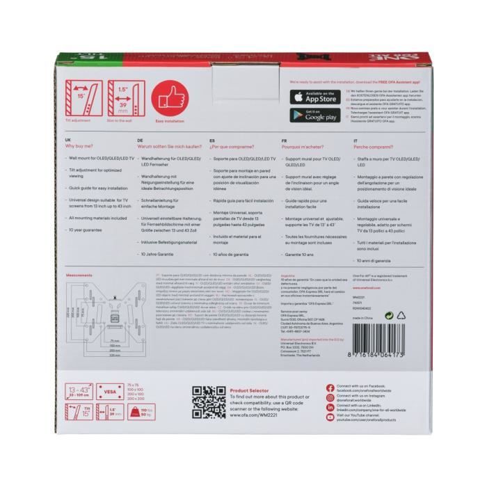 ONE FOR ALL WM2221 Support TV Smart 33-109 Cm (13-43'') - Poids Max. : 50kgs - Inclinable 15° - Garantie 10 Ans