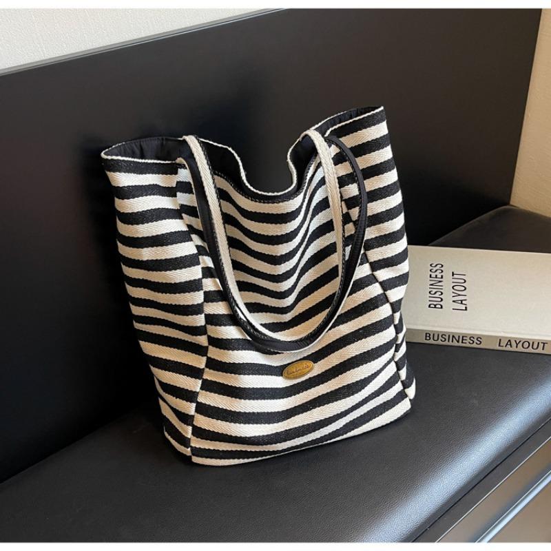 Large Capacity Shoulder Bag, Student Bag, Casual Striped Tote Bag, Women's Portable Oblique Span Bag