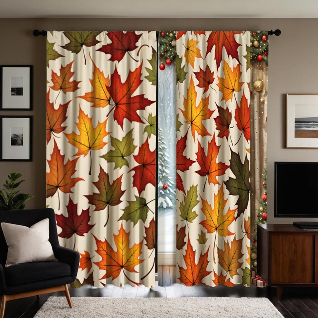 2 Pieces of HD Autumn Maple Leaf Leaf Decoration Curtain Yellow Tie Digital Printed Curtain Home Decoration Style Decoration Liv