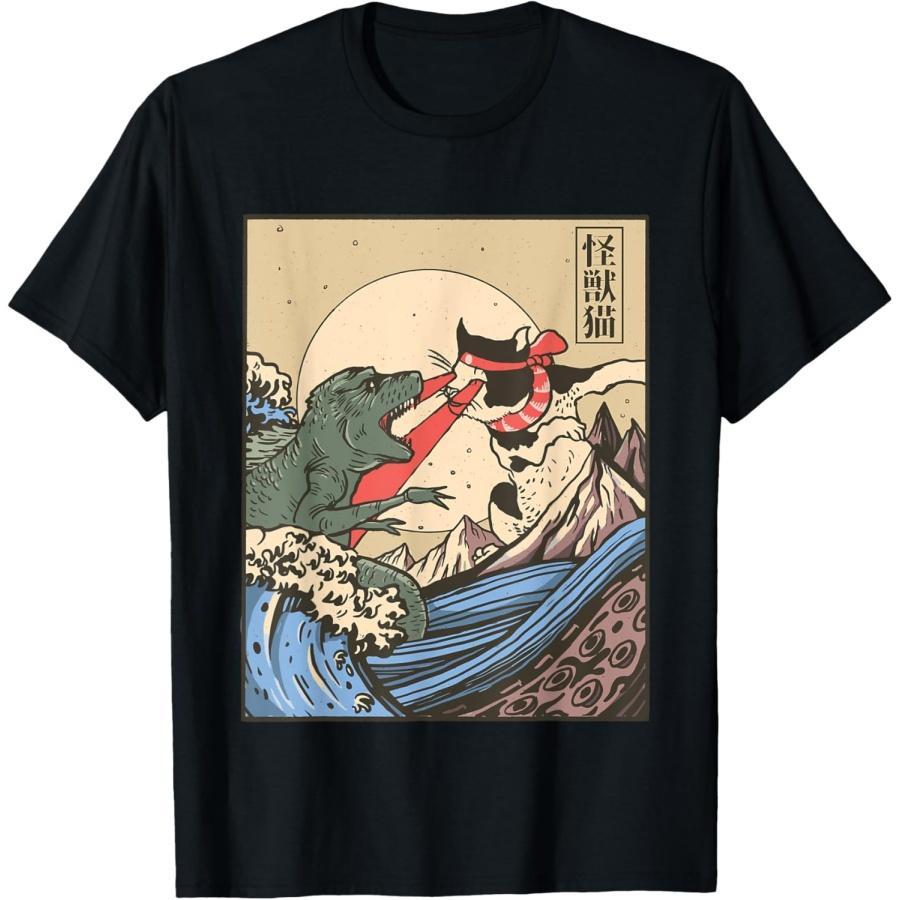 Kaiju Monster vs Cat Laser Eye Fight Great Wave Japanese Men Women Girls Kids T-Shirt XXXXXL чёрный