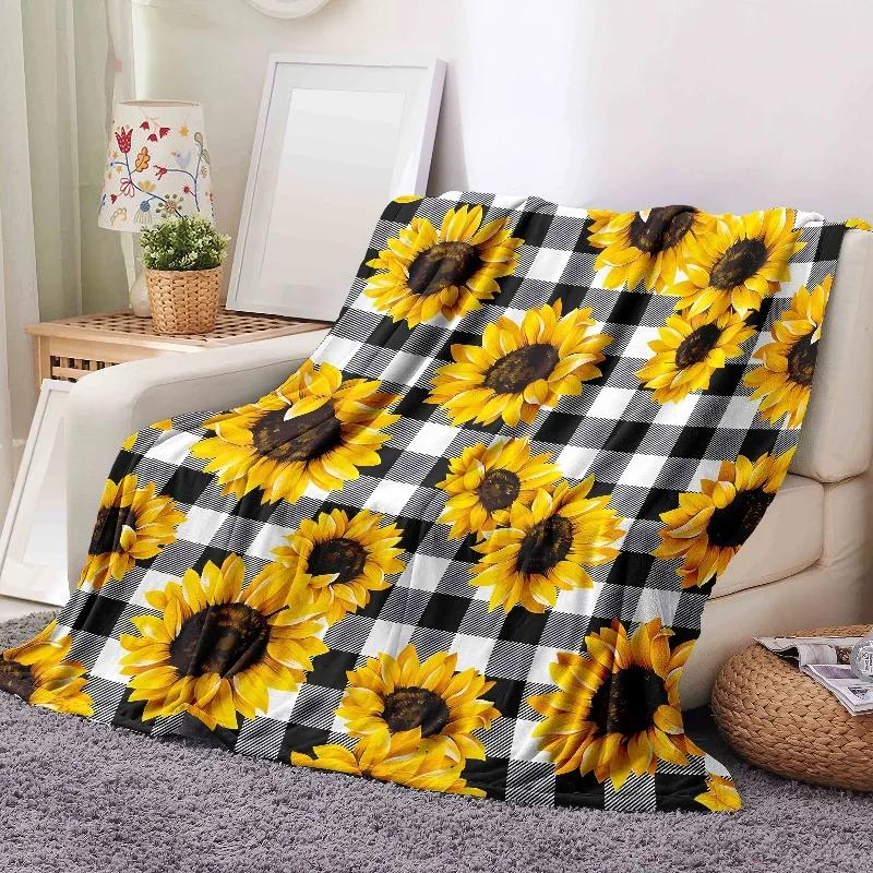 1pc Heavyweight Flannel Blanket - Thick All-Season Soft Throw with Black & White Sunflower Pattern for Couch Bed Camping