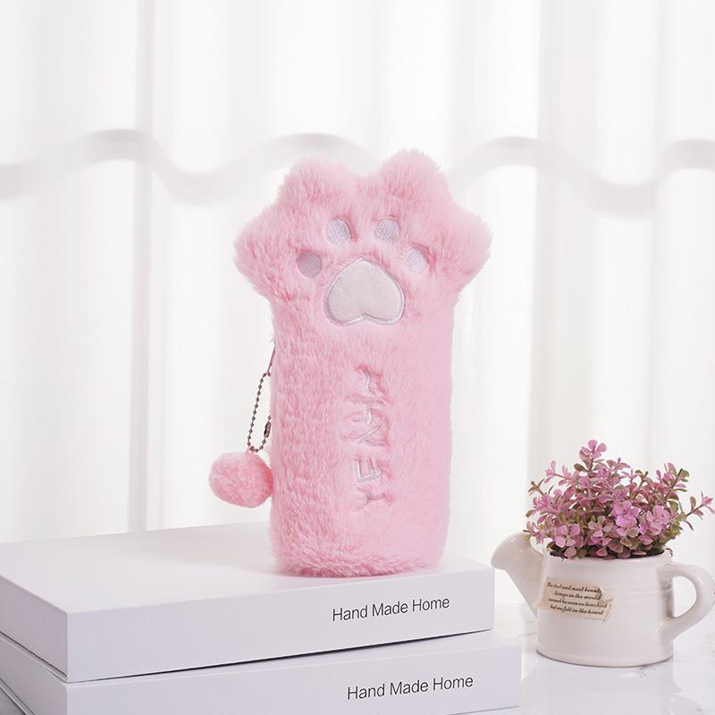 Cartoon Cat Paw Plush Pencil Case - Large Capacity for Students