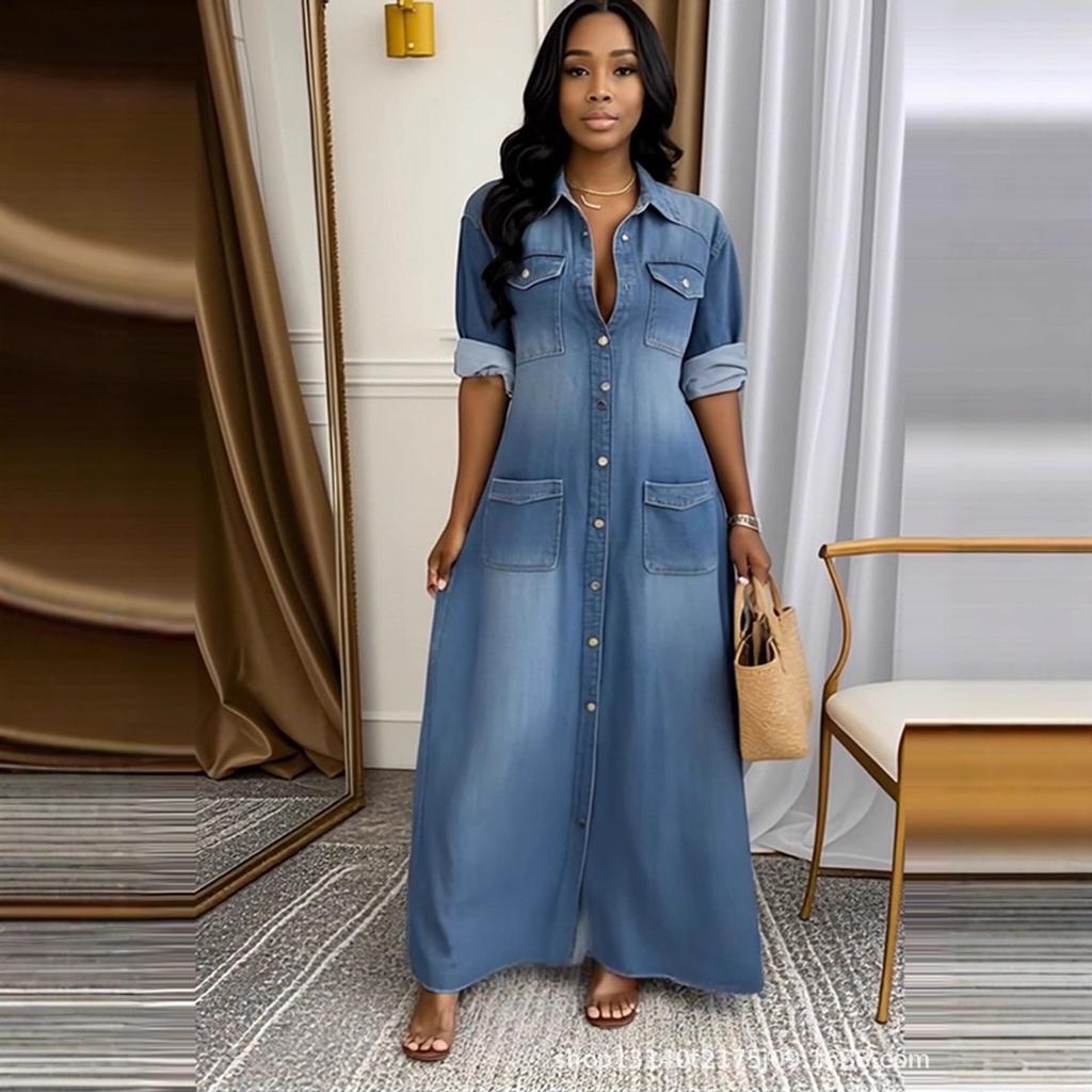 Women Long Denim Shirt Dress Lapel Long Sleeve A Line Maxi Dress Vintage Washed Single Breasted Casual Fall Dress