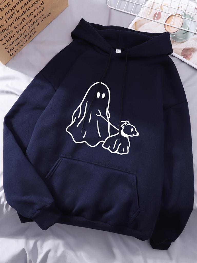 Little Devil Leading Dog Printing Hoodies Women Comfortable Pocket Hooded Winter Fleece Warm Tops Basics Sporty Woman Clothes