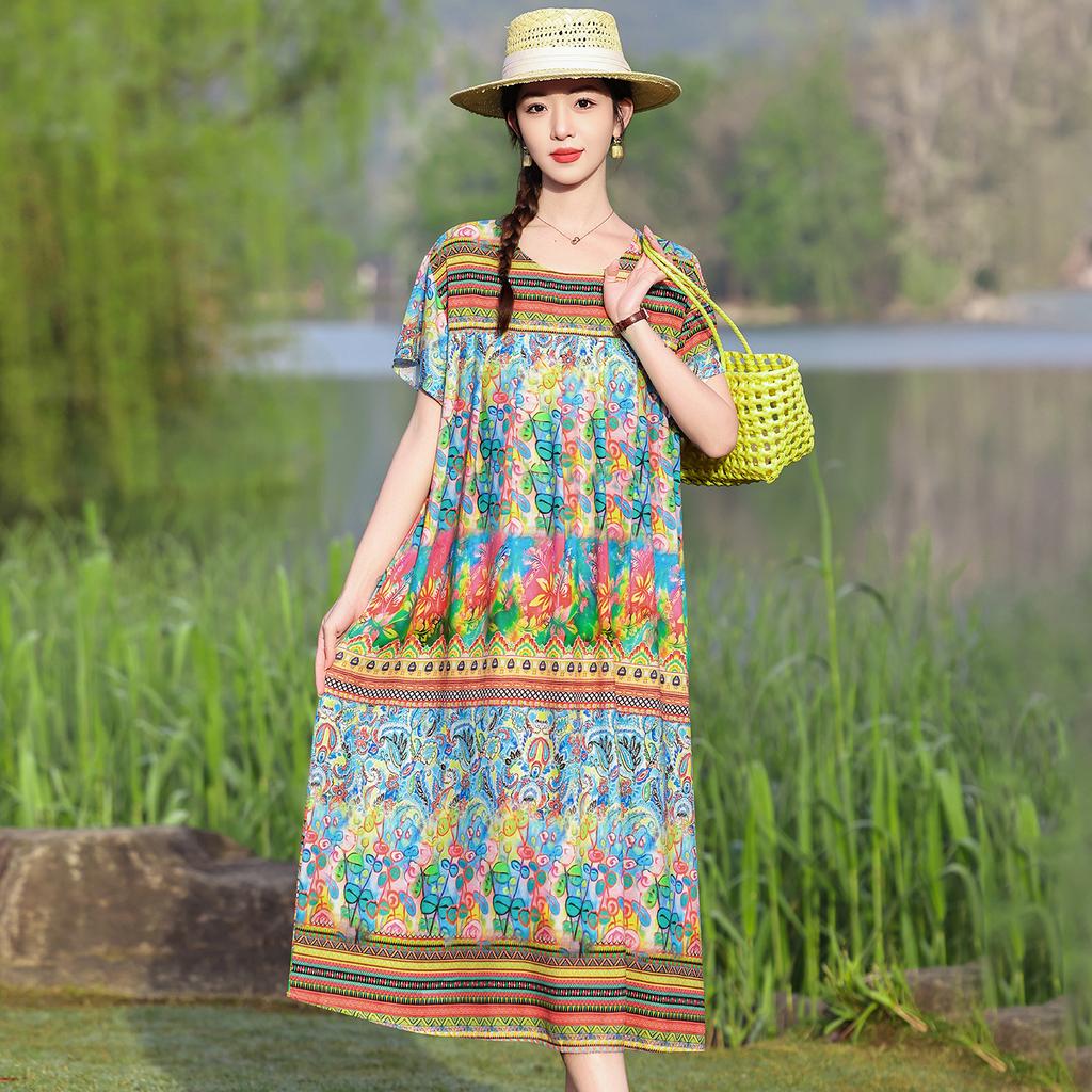 Women's Round Neck Short Sleeve Maxi Dress Loose Relaxed Waist Elegant Floral Print Plus Size Casual Summer Dress