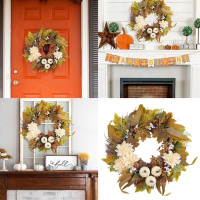 Thanksgiving Day Wreath Artificial Autumn Wreath, Harvest Wreath with Pumpkins for Front Door Farmhouses Inside Outside