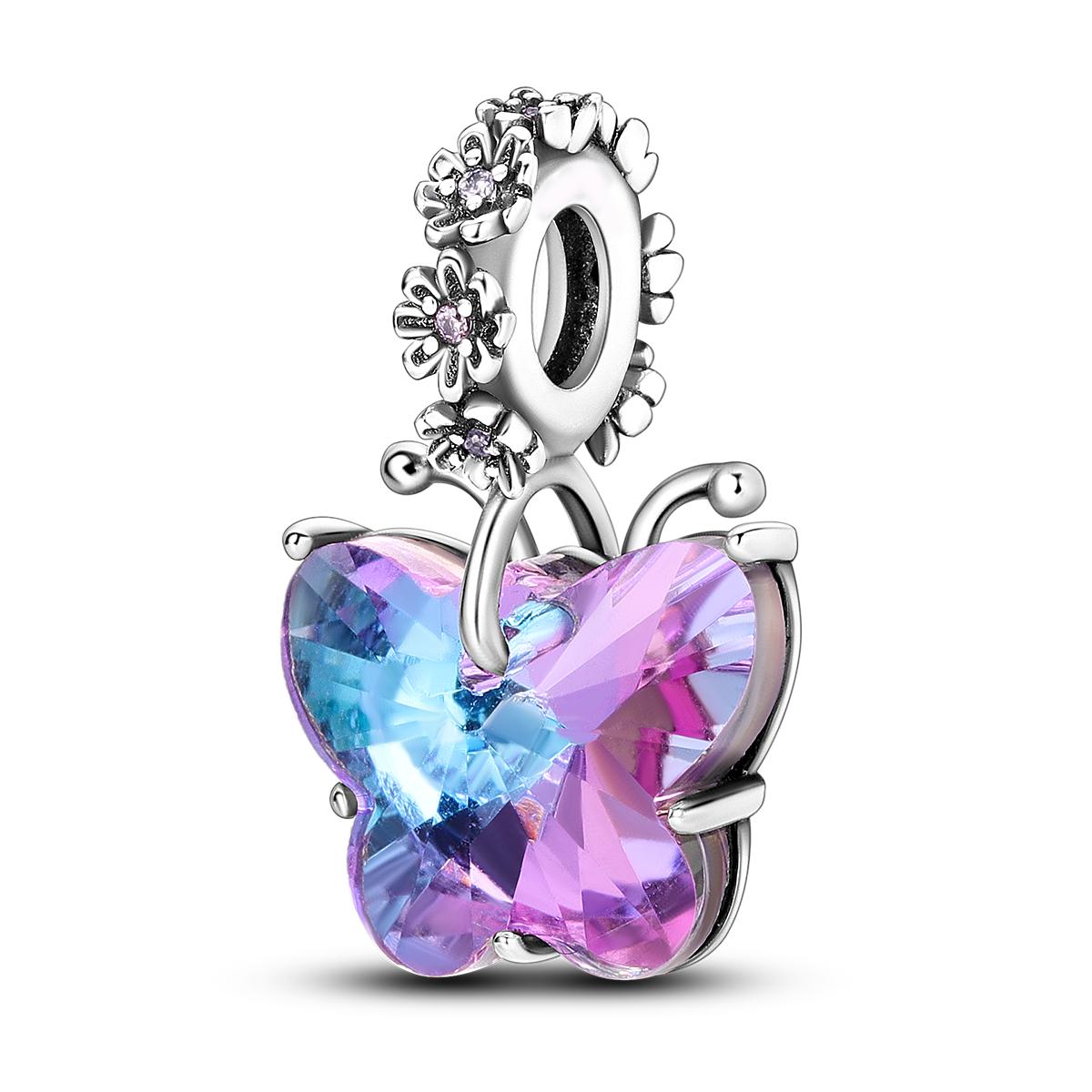 Silver Plated Purple Charms Flower Butterfly Dangle Charm Beads Fit Original Bracelet Diy Pendants