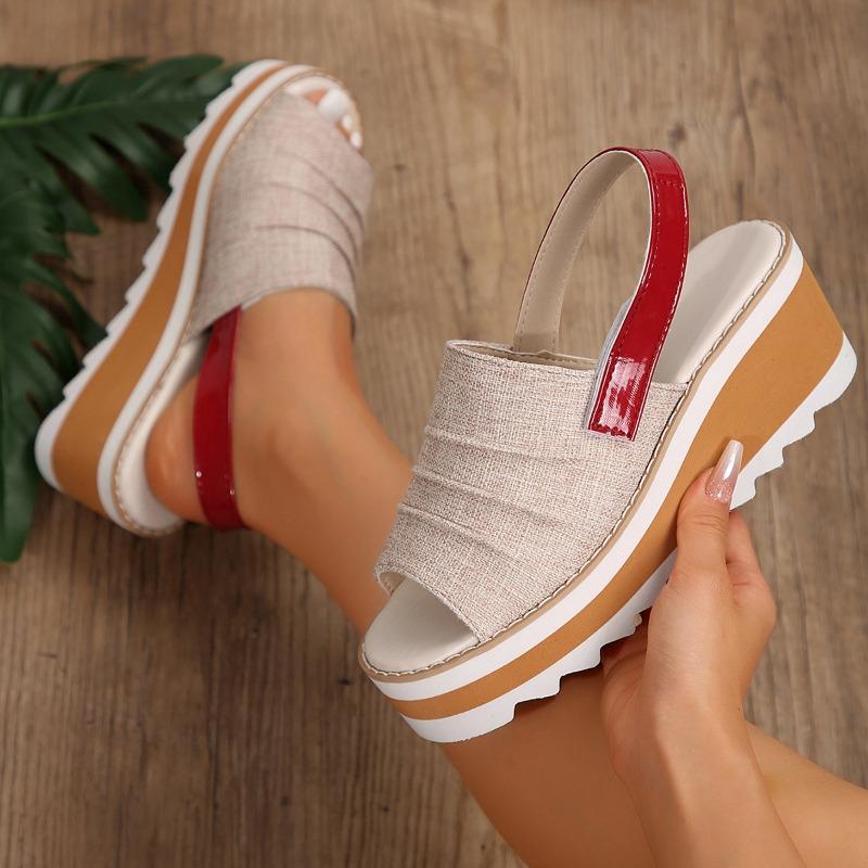 Large size wedge heel fish mouth sandals women's summer new one-word belt outside wearing beach sandals