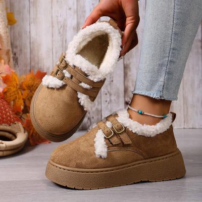Runde Zehenpartie Dicke Sohle Fellige Freizeitschuhe Damen 2025 Winter Warme Plüsch Schneestiefel mit Plateau Metallschnalle Wildleder Stiefeletten