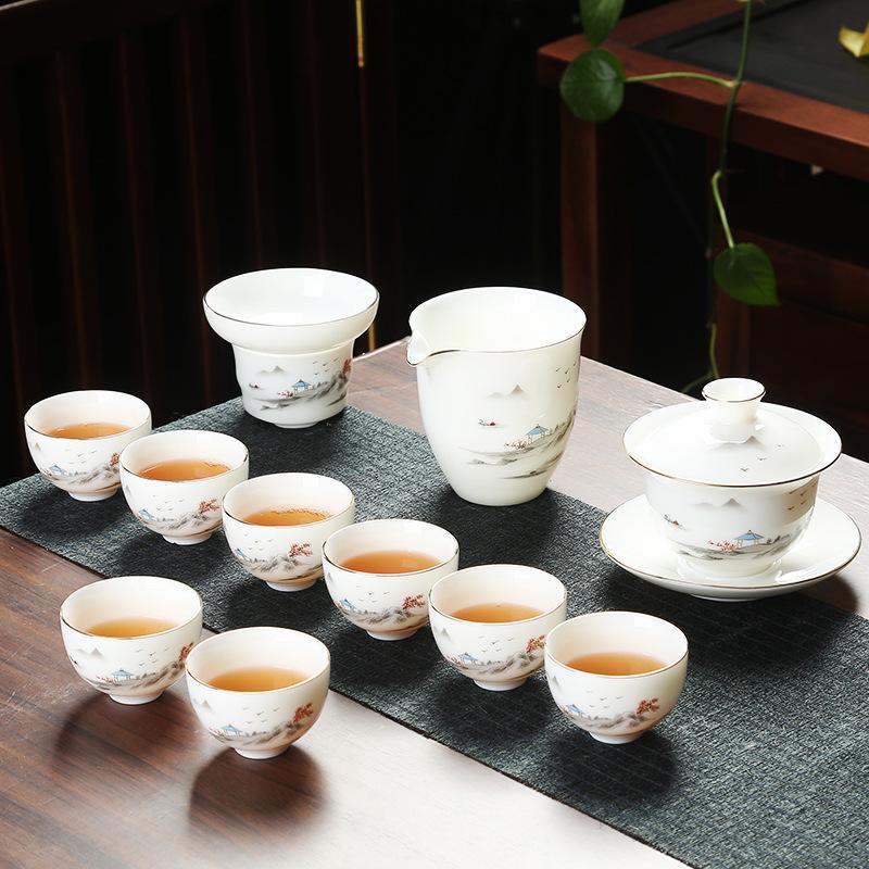 Company event business gifts, printed mutton fat jade porcelain Kung Fu tea set set, home gift gift