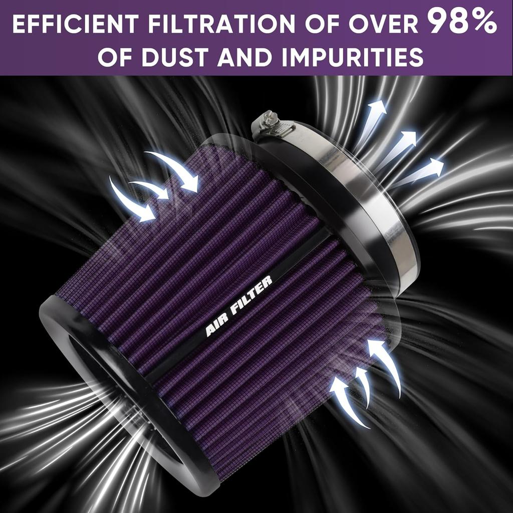 3 3.5 4 Inches Cold Air Intake Filter 76mm 89mm 101mm High Performance Washable Clamp-On Replacement Cone Air Filter 3 in 1 Size Purple