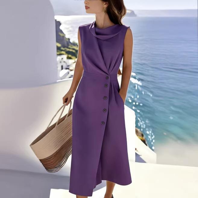 European & American Elegant Sleeveless Pleated Button Dress - Solid Color, Irregular Hem.