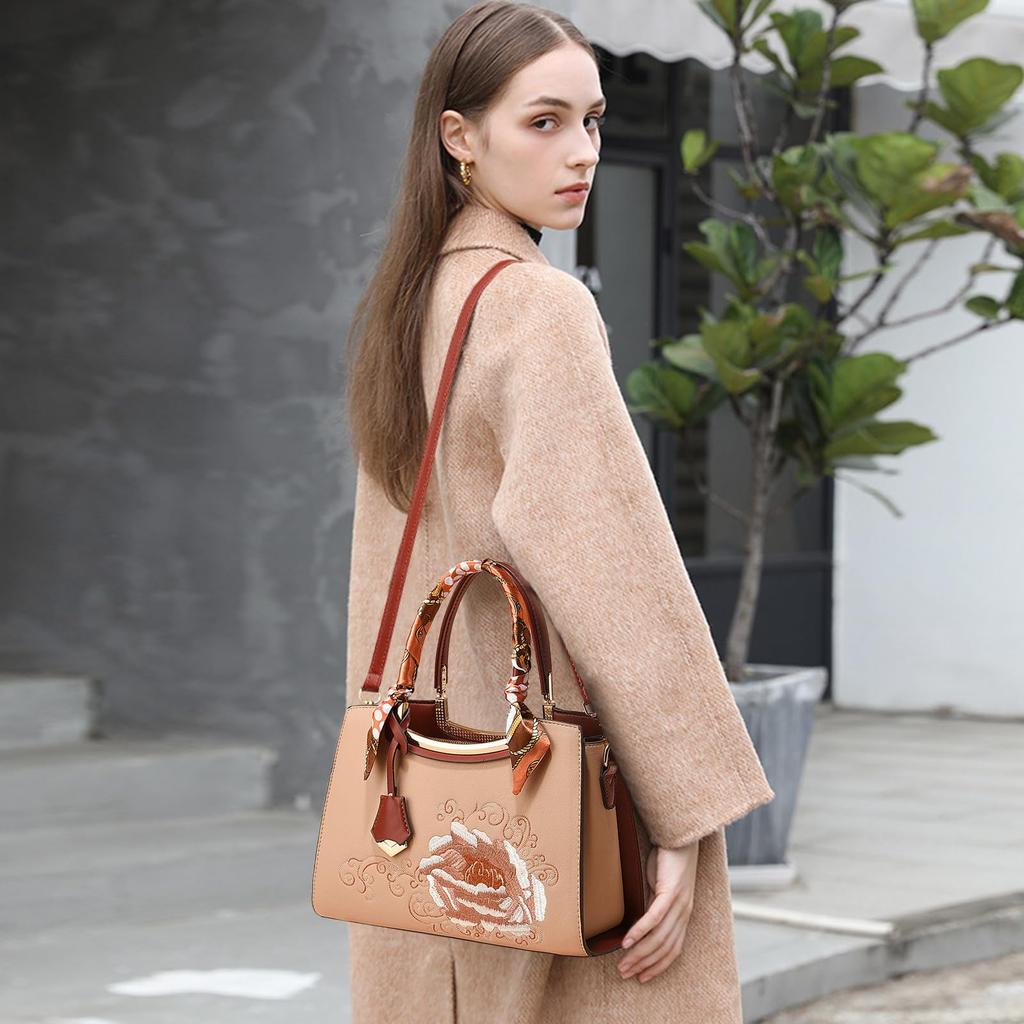 Shoulder Bag with Embroidered Floral Large Includes Stands Studs on the Removable Stylish and Elegant Khaki NICOLE&DORIS Women's Print, Capacity,