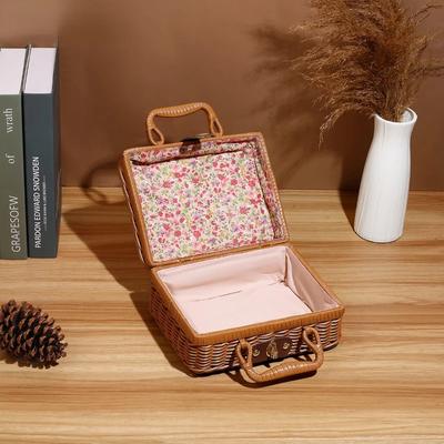 Handmade Picnic Basket PP Rattan Woven Storage Case, Vintage Makeup Travel Suitcase, Cosmetic Sundries Organizer