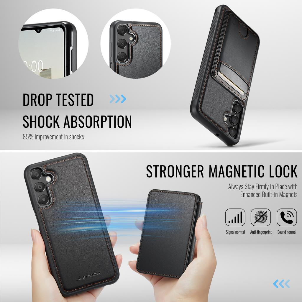 For Samsung Galaxy A15 5G/Galaxy A15 4G Magnetic Case JEEHOOD J10 Leather Back Phone Cover with Detachable Card Holder Kickstand
