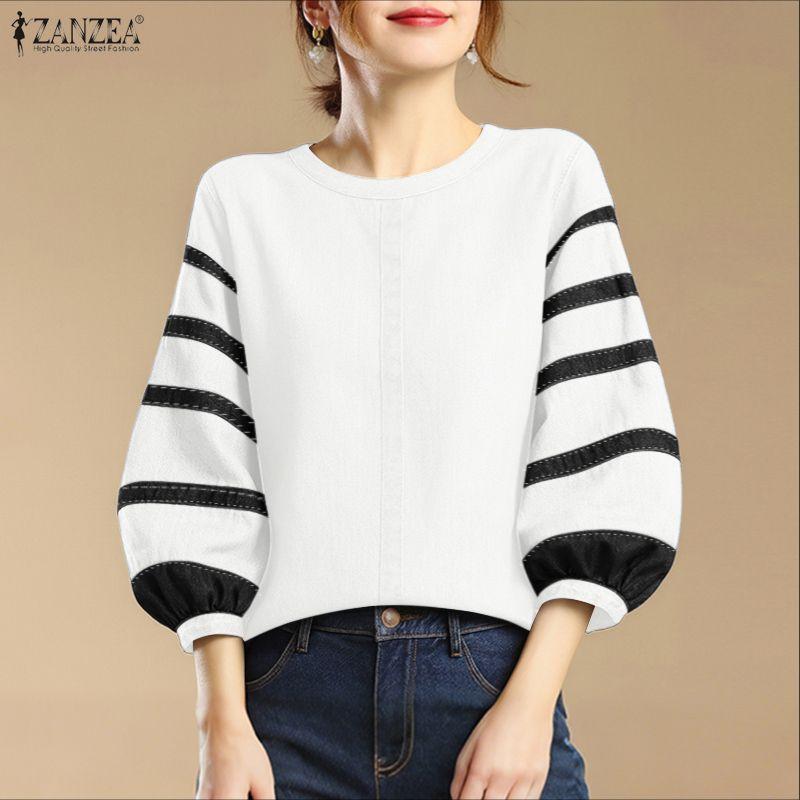 ZANZEA Women Casual Round Neck Stripe Splice 3/4 Sleeve Loose Blouse