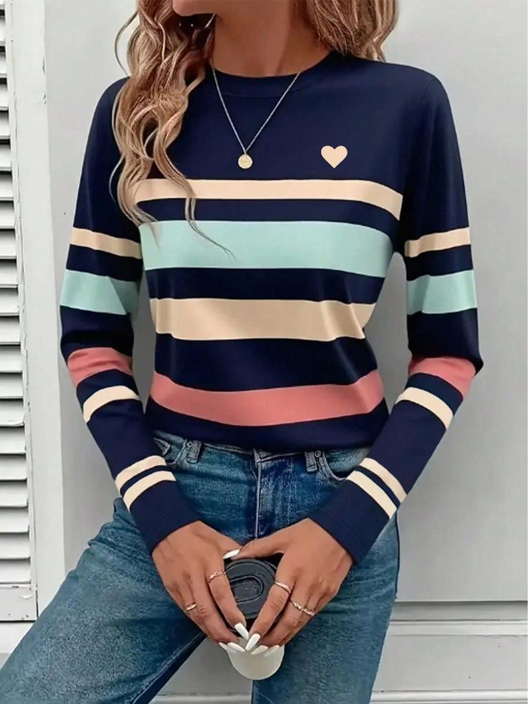 Women's Autumn Casual Tops, Long Sleeve T-Shirt With Color Block Patchwork Printed Pattern, Classic Design, Versatile, Comfortable Dusty Pink