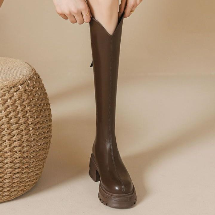 V-mouth boots women's 2025 autumn new brown small man heightened thick-soled high tube but knee knight boots