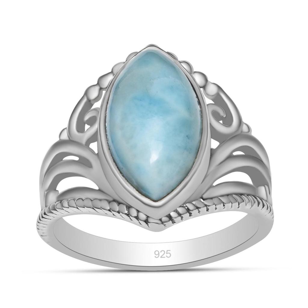 Natural Larimar Gemstone Ring Solid 925 Sterling Silver Marquise Shape Gemstone Handmade Filigree Crown Rings For Women & Girls