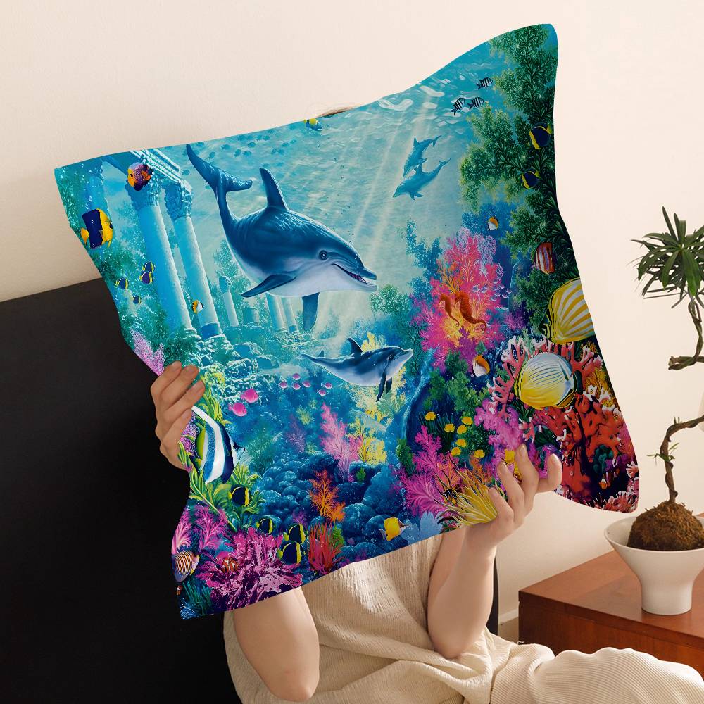 Ocean World Shark Area Pillow Covers Cartoon Sofa Decorative Home Double-Sided Printing Short Plush Cute Cushion Cover