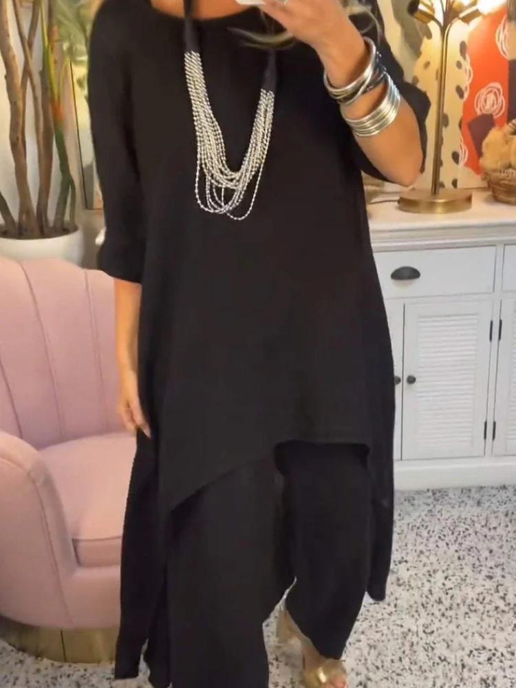 Damen Asymmetrischer Saum Lockeres Oberteil und Weitbeinige Hose Set in Mehreren Farben