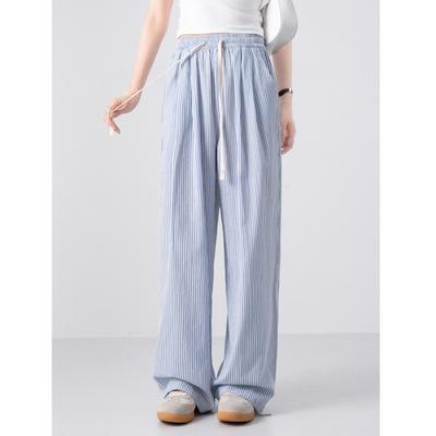Wide Leg Pants High Waist Blue Striped Summer New Drawstring Mopping Casual Versatile Sports Trousers