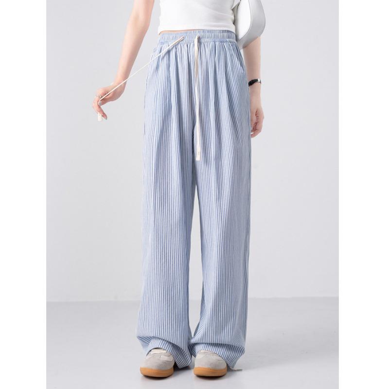 Wide Leg Pants High Waist Blue Striped Summer New Drawstring Mopping Casual Versatile Sports Trousers