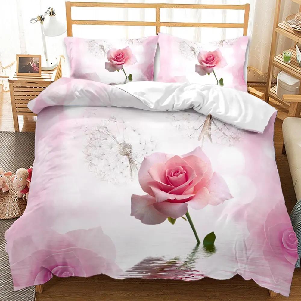 Rose Duvet Cover Set Pink Rose Pattern Bedding Set Blossom Flower Theme Comforter Set Girls Women Elegant Polyester Bedding Set
