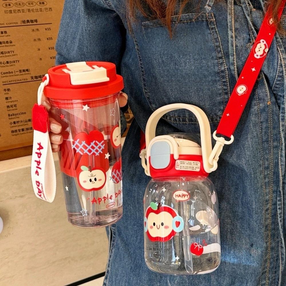 New Plastic Water Bottle Cute Design Cartoon Apple Pattern Drinking Bottle Red Color Straw Water Cup for Women Girls