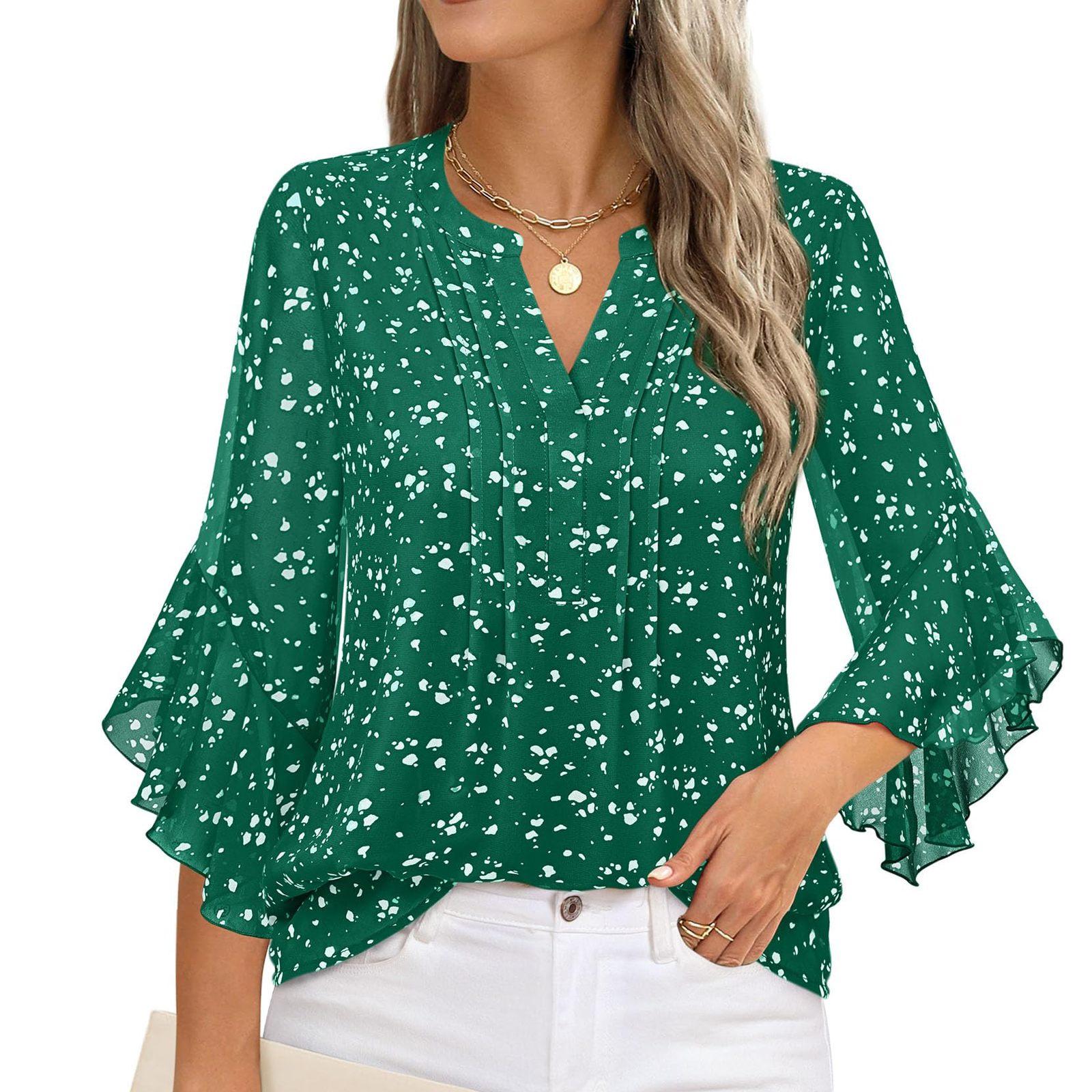 

Блузка с рукавом три четверти в виде листьев лотоса, однотонная, модная, повседневная, свободная, с V-образным вырезом, деловая, шифоновая, женская одежда XXL зелёный