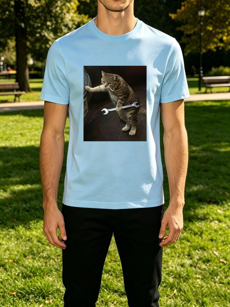 Unisexs Tee Mechanic Cat With Wrench Photo Print Cotton Short Sleeve Male Summer Daily Casual Outdoor Streetwear Basic Fashion Top