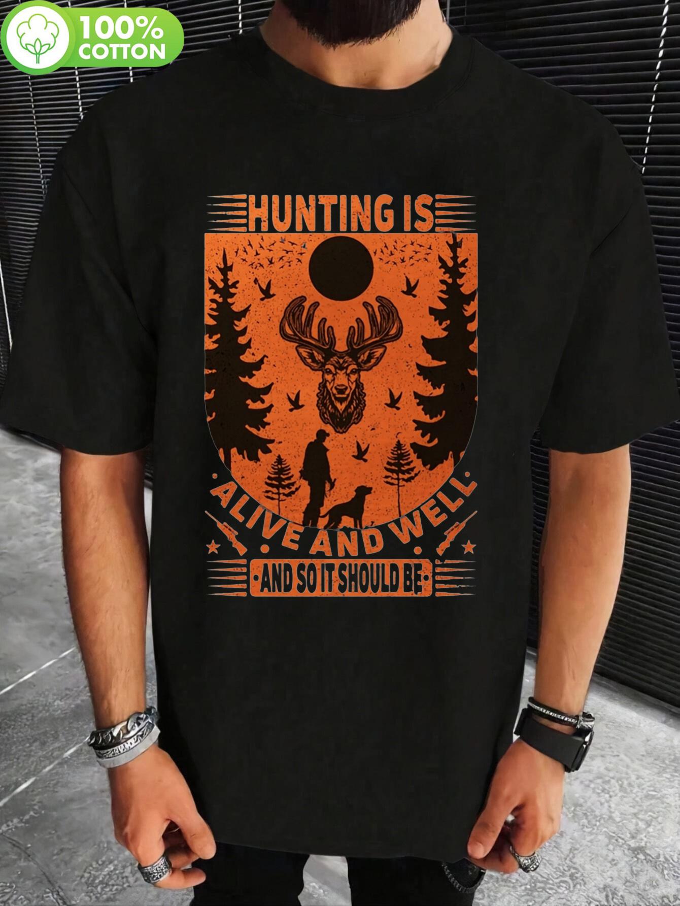Vintage Hunting Graphic T-shirt - Rustic Deer Silhouette & Forest Design M