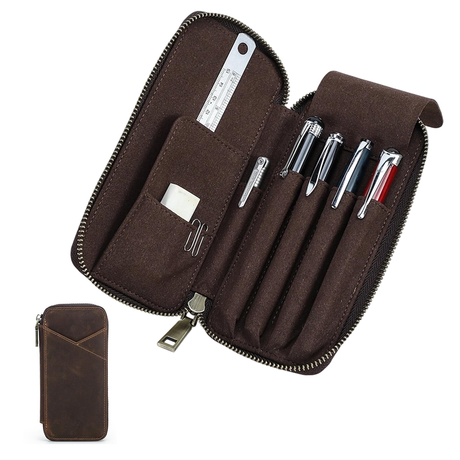Crazy Horse Leather Retro Leather Pen Stationery Genuine Leather 4 Pen Sturdy and Large and Student ID Zippered Pen Pen Plush Fountain Pen Case Case,
