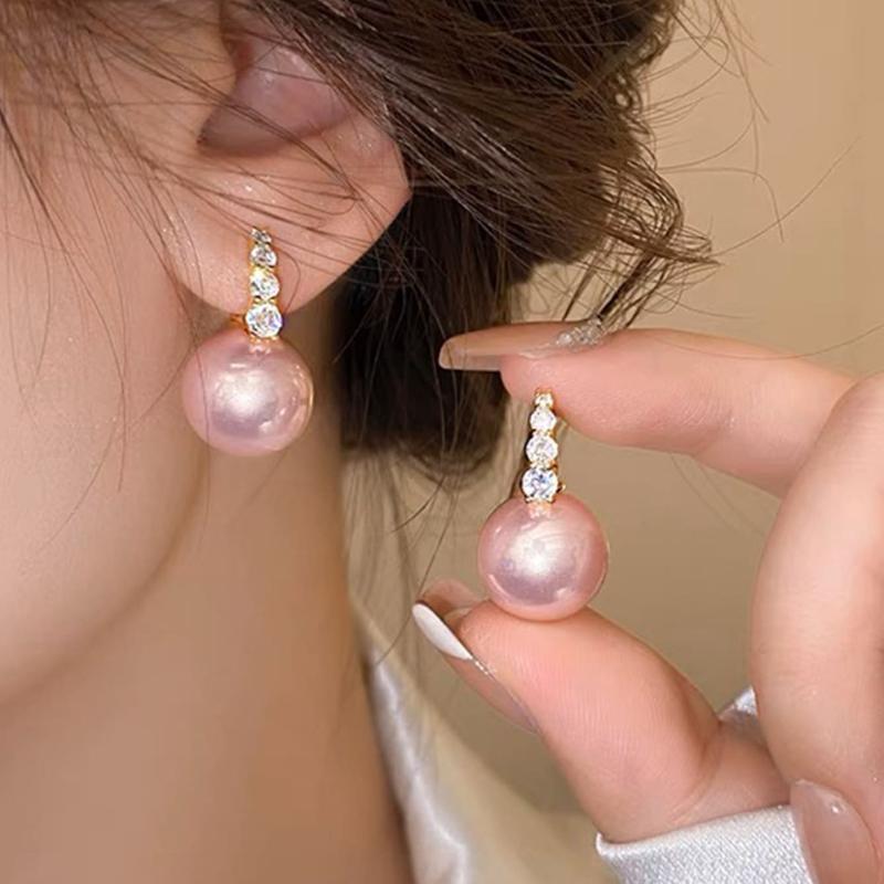 1pair Fashionable Pink Bead Rhinestone Decor Hoop Earrings for Women for Party