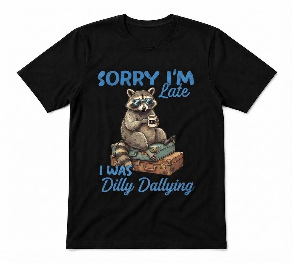 Funny Raccoon Sorry I'm Late I Was Dilly Dallying Unisex Black T-Shirt