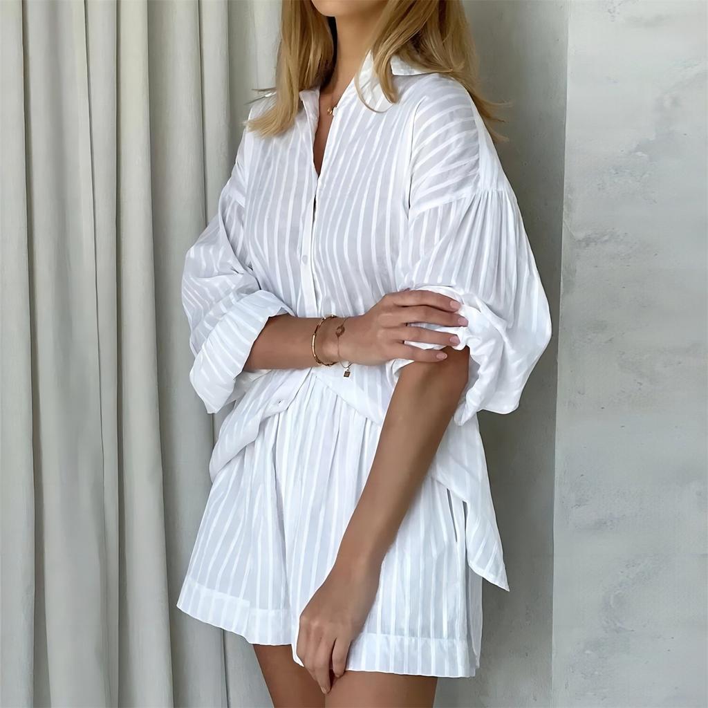 Women's Casual Long Sleeve Shirt & Shorts Set - Breathable Outfit For Summer