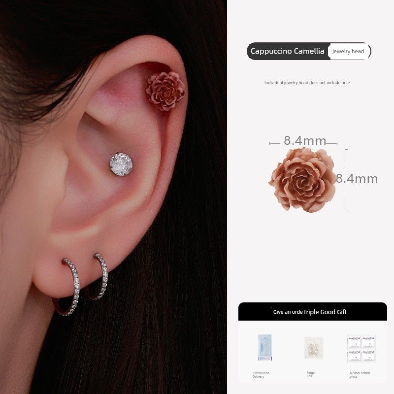 

Niche Style Unique Stud Earrings Beautiful Rose Titanium Alloy Suitable for Summer Ear-Caring Camellia Sleep No Need to Take off Cappuccino Camellia ornament head (single)