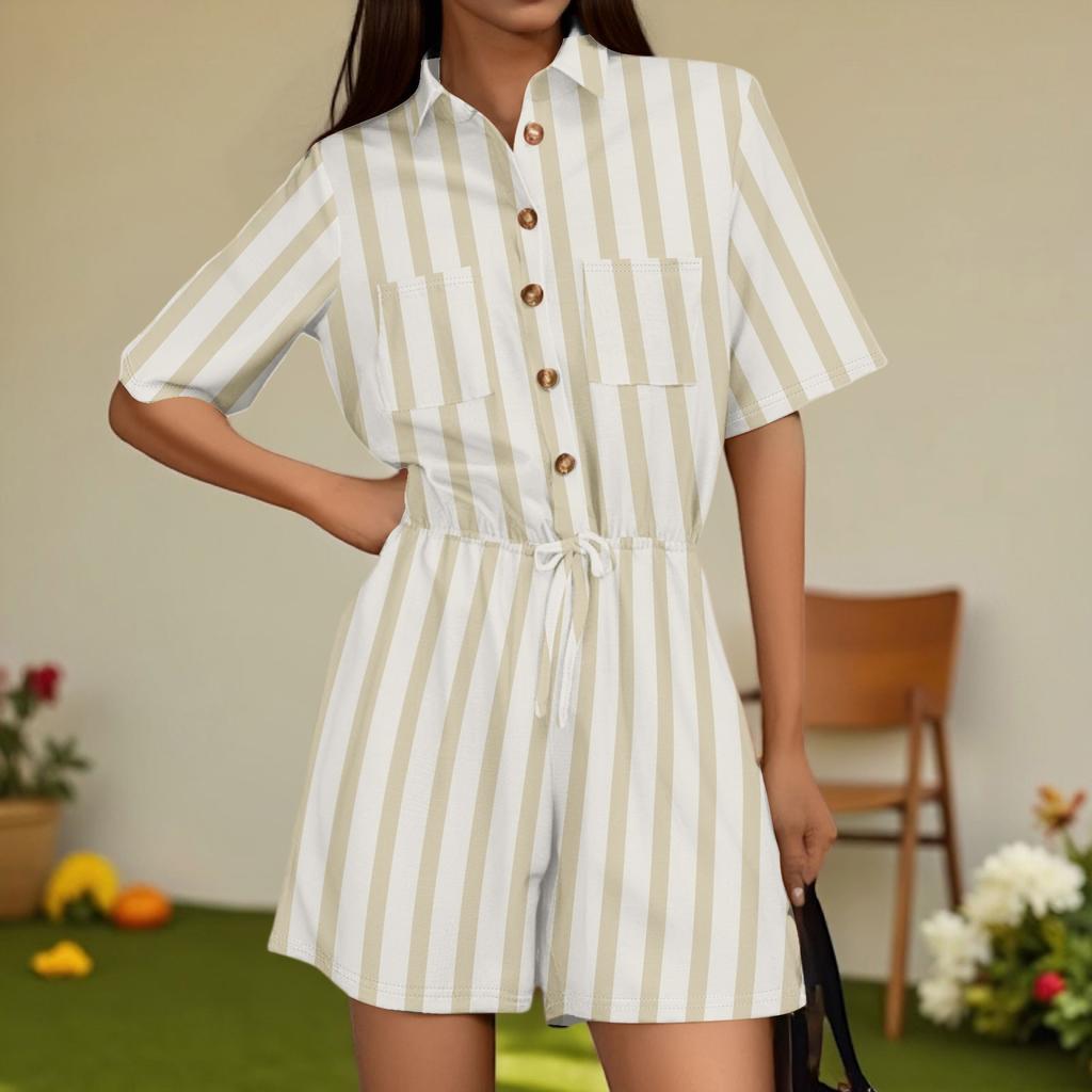 Women's Fashion V-neck Jumpsuit Plaid Casual Short Sleeve Top Jumpsuit