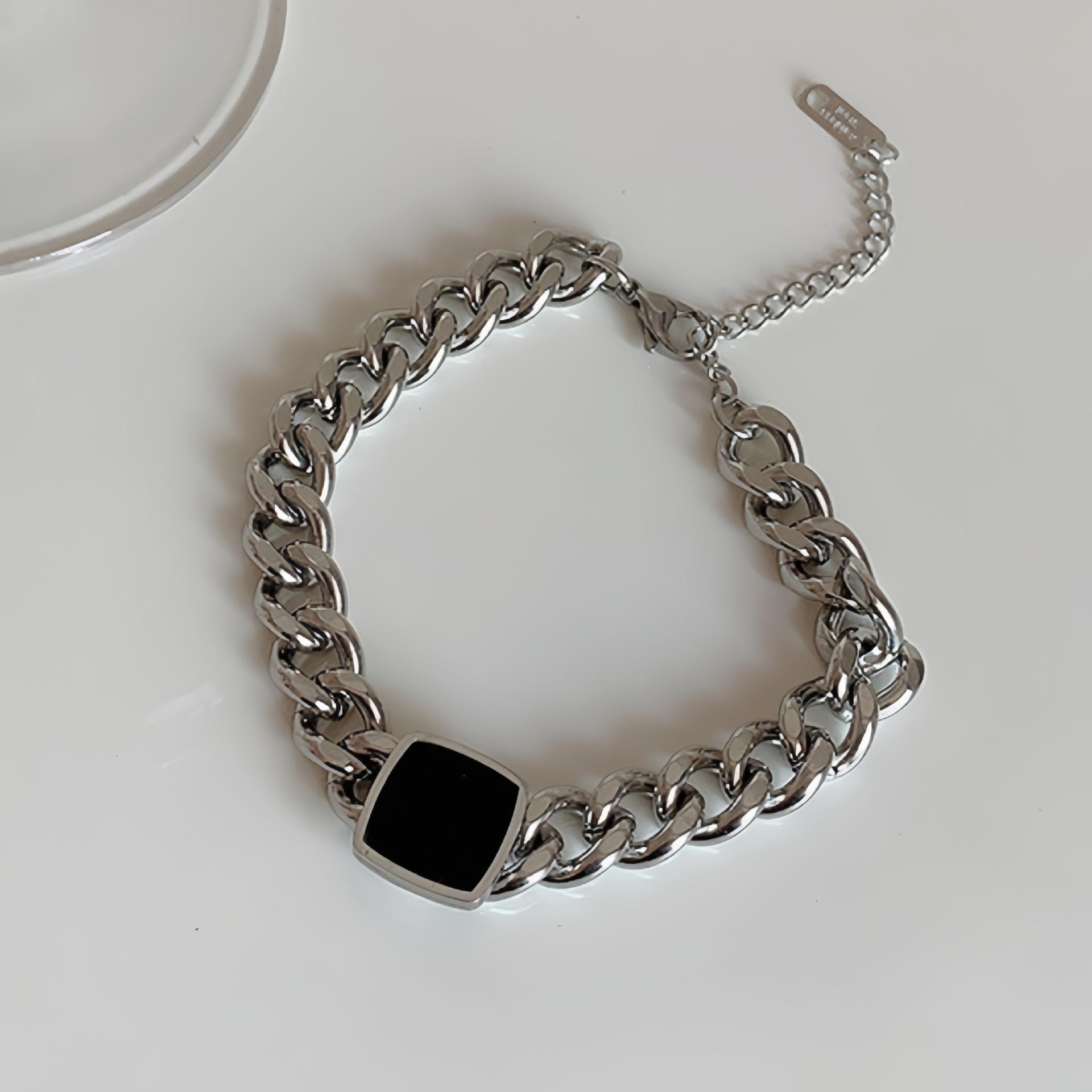 Trendy Personality Stainless Steel Thick Chain Necklace Black Square Collarbone Chain Bracelet Sets for Men Women Unisex Zircon