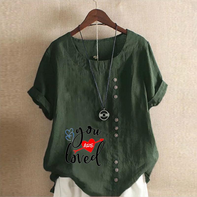 Women's Fashion Love Letter Prined Short Sleeve T-shirt Loose Cotton Shirt Casual Loose Summer Blouse Plus Size Tops
