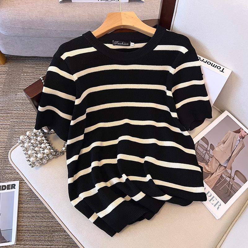 Plus Size Women's Summer Ice Silk Knit Top - Slimming Short Sleeve T-shirt 8131