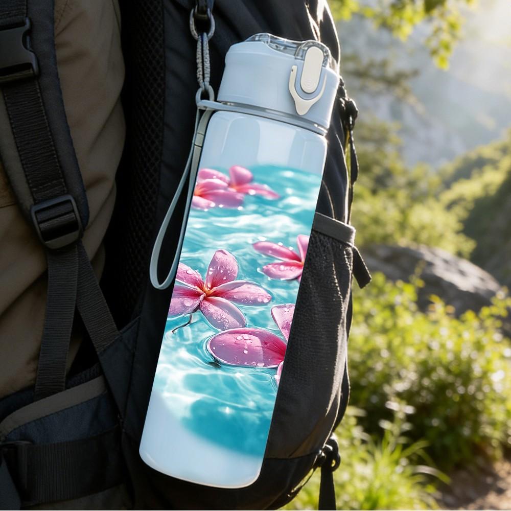 1PC Lotus Flower Water Pond Print 750ml Color Plastic Sports Water Bottle Leakproof Flip Straw Lid Suitable for Sports Office Home Use