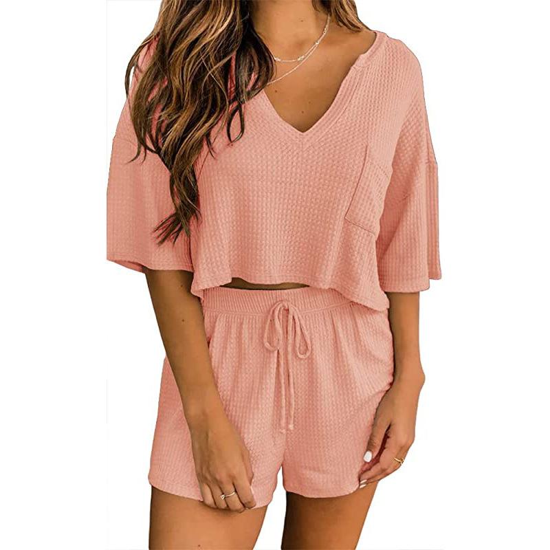 Spring and Summer Waffle Short Sleeve V-Neck Top Shorts Home Two Piece Set