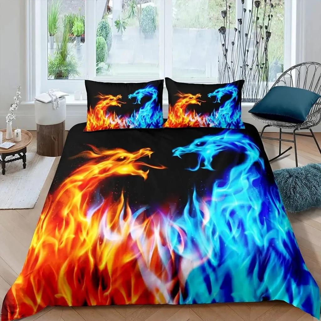 Ice Fire Dragon Duvet Cover Set for Boys Oriental Beast Bedding Set Eastern Auspicious Animals Fairy Tale Comforter Cover