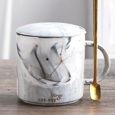 400ML Twelve Constellation Marble Cup with Cover Long Spoon Ceramic Party Tableware Set Porcelain Breakfast Coffee Mug Cup