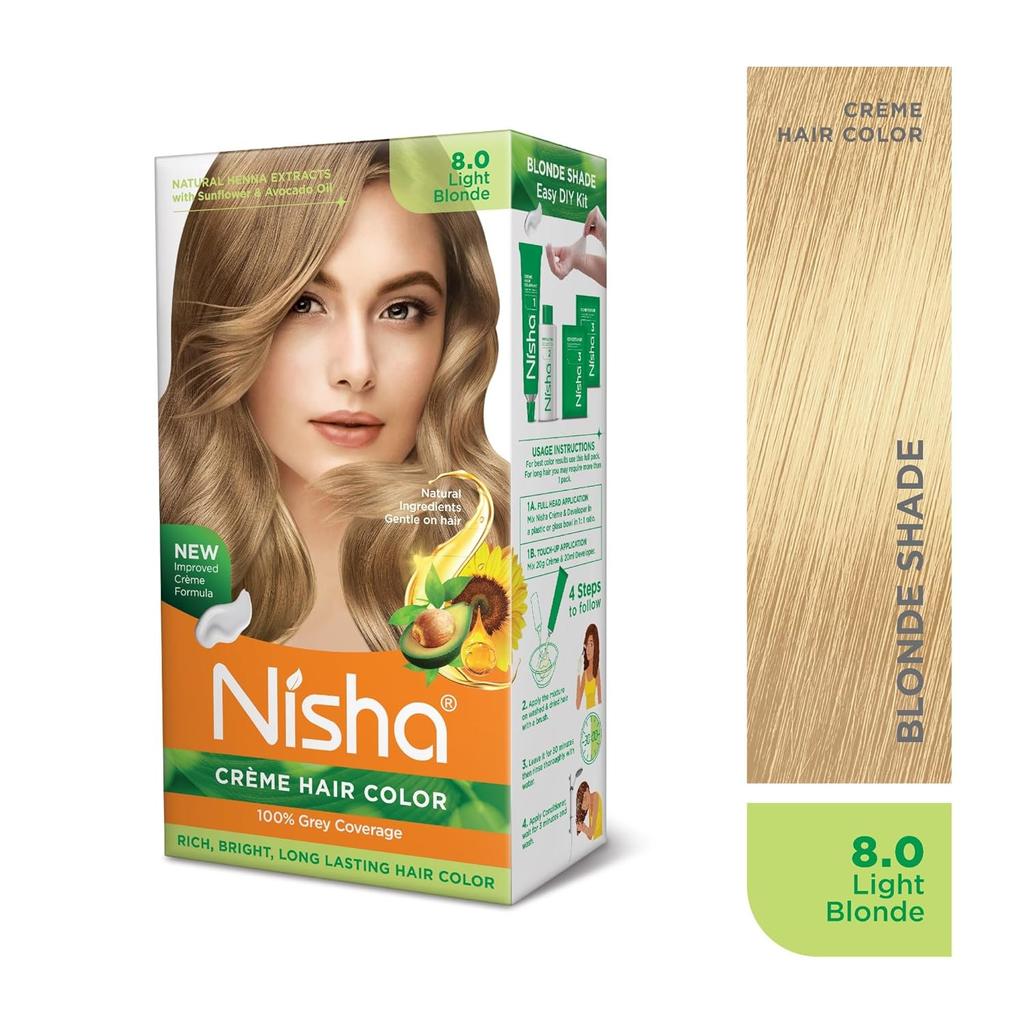 Nisha Creme Hair Color Light Blonde 8.0 for Women Men, Permanent Hair Dye, Ultra Soft Shine, 100% Grey Coverage,60gm+60ml+18ml Kit