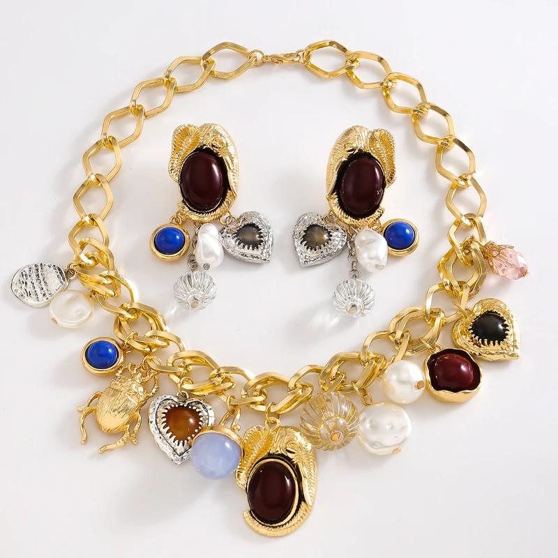 Bohemian Retro Earring Necklace Vintage Resin Gemstone Love Lantern Imitation Pearl Earrings and Necklace Set Jewelry Gifts
