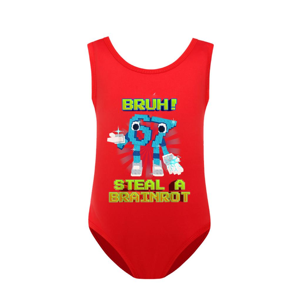 Unique Apparel 5194 Kinderen Meisjes Cartoon Steal a Brainrot 67 Zes Zeven Print Ruche Badpak Zwemmen Eendelig Bodysuit Badkleding 130cm