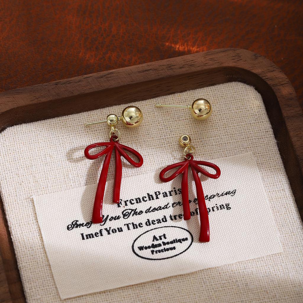 New Year'S Ankara Red Two Wearing Bow Earrings, Autumn Light Luxury Design Sense Fashion Temperament Stud Earrings Women