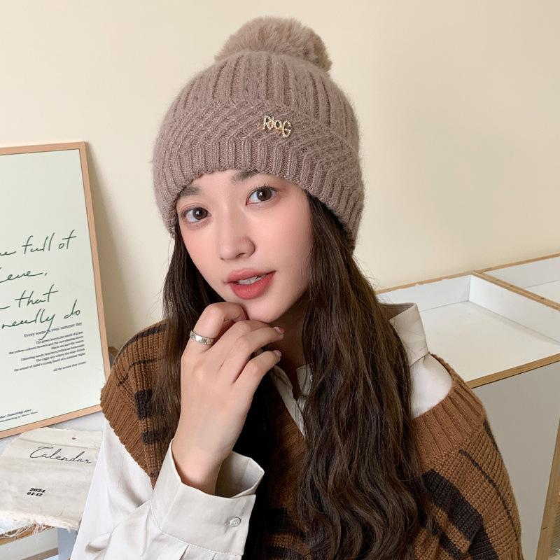 Korean New Autumn and Winter Hat for Women's Winter Household Warm Knitted Wool Hat Letter Diamond Mark Warm Ear Protection Head Hat